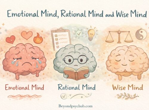 Illustrated doodle showing three brain characters labeled Emotional Mind, Rational Mind, and Wise Mind, representing Dialectical Behavior Therapy concepts, with soft pastel colors and educational layout.