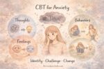 Hand-drawn pastel illustration titled “CBT for Anxiety” showing a person surrounded by thought, feeling, and behavior icons, visually explaining how Cognitive Behavioral Therapy helps manage anxiety.