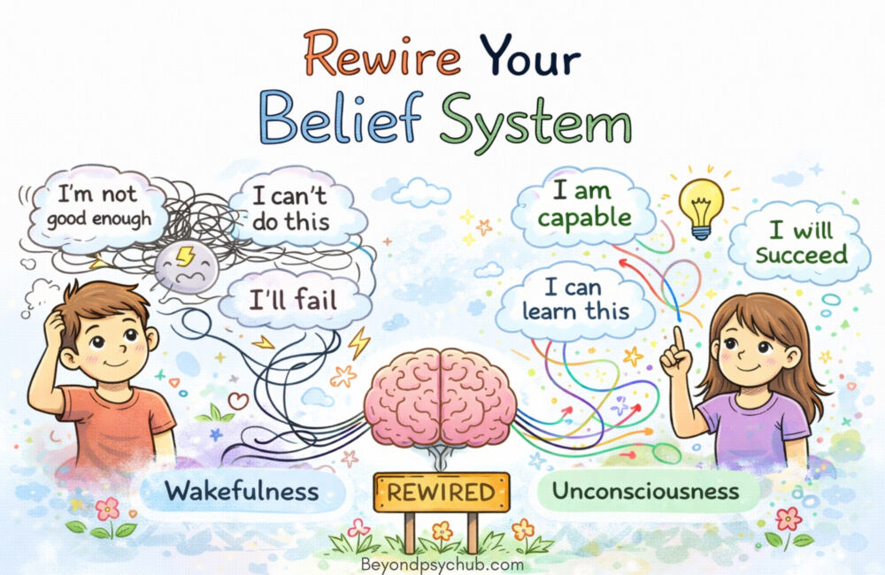 A hand-drawn doodle showing a boy with negative thoughts transforming into a girl with positive beliefs, connected by a rewired brain, symbolizing mindset change and belief system transformation.