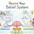 A hand-drawn doodle showing a boy with negative thoughts transforming into a girl with positive beliefs, connected by a rewired brain, symbolizing mindset change and belief system transformation.