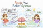 A hand-drawn doodle showing a boy with negative thoughts transforming into a girl with positive beliefs, connected by a rewired brain, symbolizing mindset change and belief system transformation.