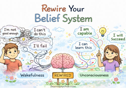 A hand-drawn doodle showing a boy with negative thoughts transforming into a girl with positive beliefs, connected by a rewired brain, symbolizing mindset change and belief system transformation.