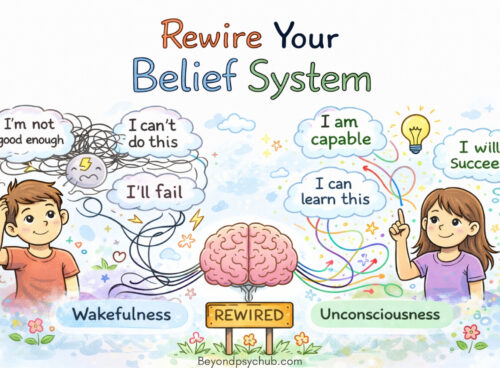 A hand-drawn doodle showing a boy with negative thoughts transforming into a girl with positive beliefs, connected by a rewired brain, symbolizing mindset change and belief system transformation.