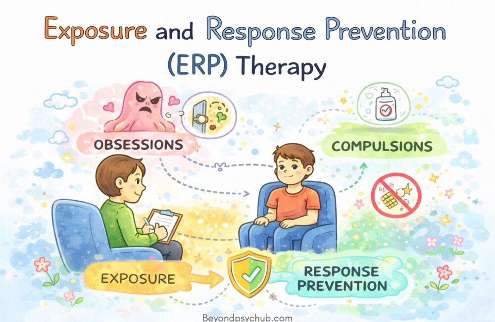 A hand-drawn doodle illustration showing a therapist guiding a client through Exposure and Response Prevention therapy, illustrating obsessions, exposure, compulsions, and response prevention in a calm therapy setting.
