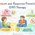 A hand-drawn doodle illustration showing a therapist guiding a client through Exposure and Response Prevention therapy, illustrating obsessions, exposure, compulsions, and response prevention in a calm therapy setting.