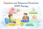 A hand-drawn doodle illustration showing a therapist guiding a client through Exposure and Response Prevention therapy, illustrating obsessions, exposure, compulsions, and response prevention in a calm therapy setting.