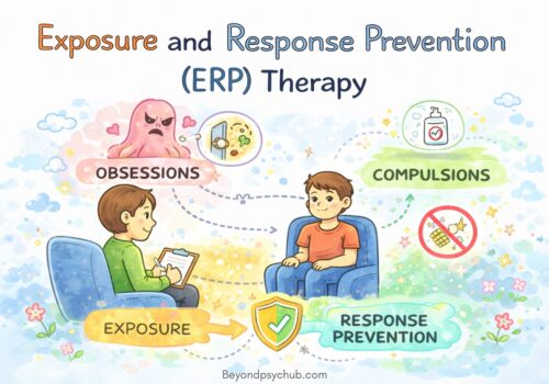 A hand-drawn doodle illustration showing a therapist guiding a client through Exposure and Response Prevention therapy, illustrating obsessions, exposure, compulsions, and response prevention in a calm therapy setting.