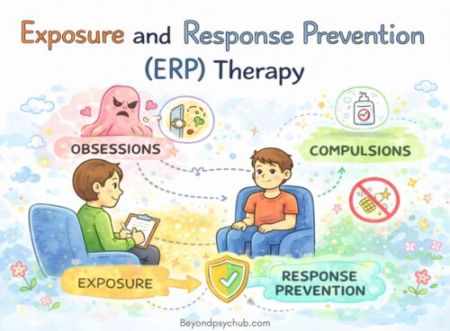 A hand-drawn doodle illustration showing a therapist guiding a client through Exposure and Response Prevention therapy, illustrating obsessions, exposure, compulsions, and response prevention in a calm therapy setting.