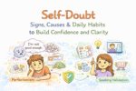 An illustration showing a person surrounded by self-doubt thoughts on one side and confidence-building habits on the other, visually representing the signs, causes, and daily practices to build clarity and self-confidence.