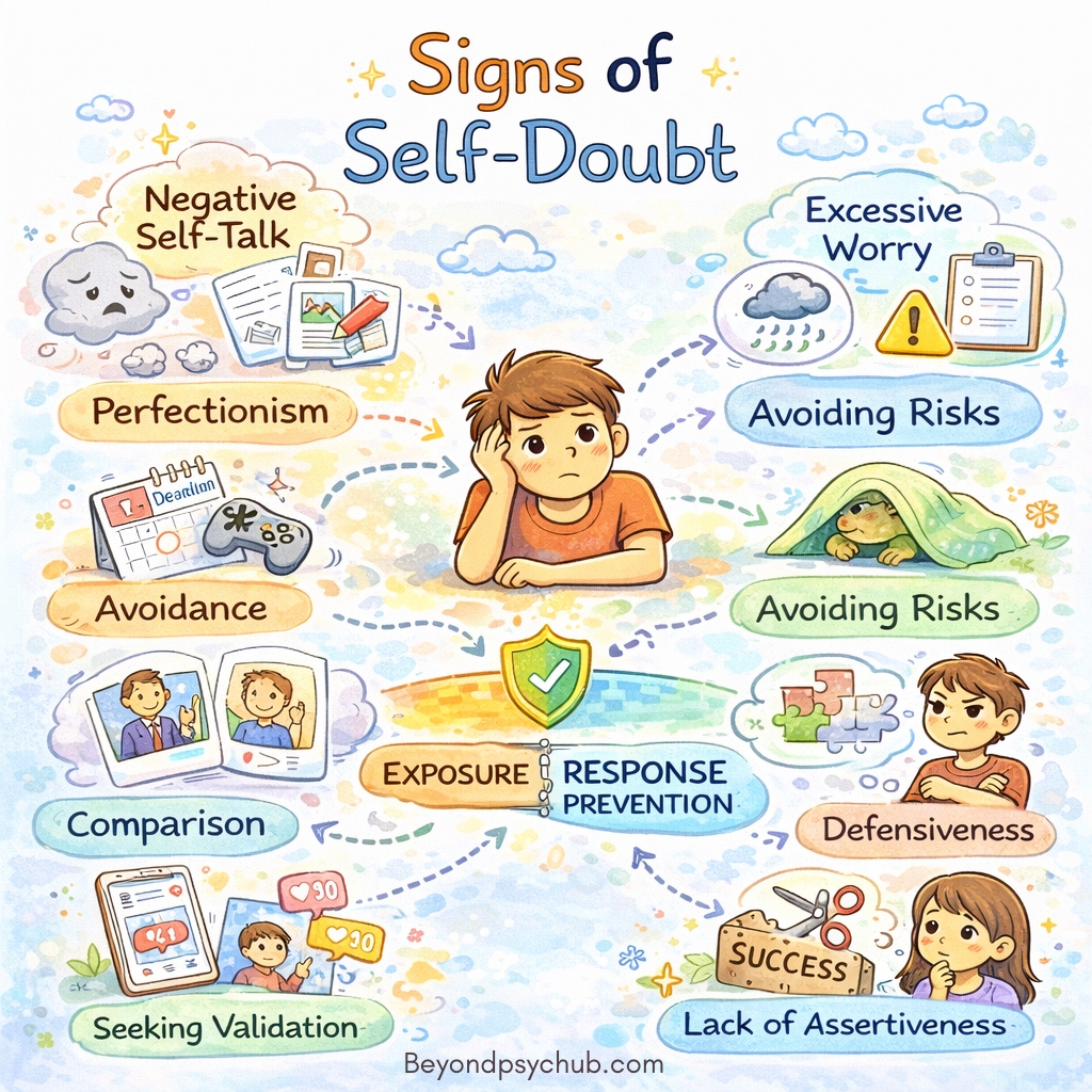 A colorful doodle illustration showing a person surrounded by thought bubbles representing common signs of self-doubt, including negative self-talk, perfectionism, avoidance, comparison, excessive worry, defensiveness, and seeking validation.