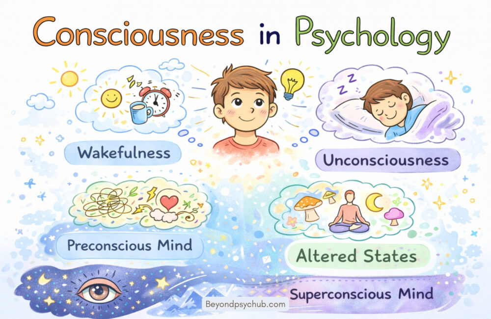 Illustration representing consciousness in psychology, showing the connection between thoughts, emotions, awareness, and the human mind.