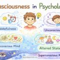 Illustration representing consciousness in psychology, showing the connection between thoughts, emotions, awareness, and the human mind.