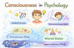 Illustration representing consciousness in psychology, showing the connection between thoughts, emotions, awareness, and the human mind.