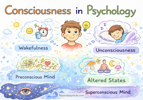 Illustration representing consciousness in psychology, showing the connection between thoughts, emotions, awareness, and the human mind.