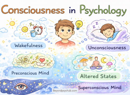 Illustration representing consciousness in psychology, showing the connection between thoughts, emotions, awareness, and the human mind.