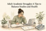 Adult learner balancing studies and health with books, laptop, planner, water and walking shoes