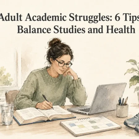Adult learner balancing studies and health with books, laptop, planner, water and walking shoes