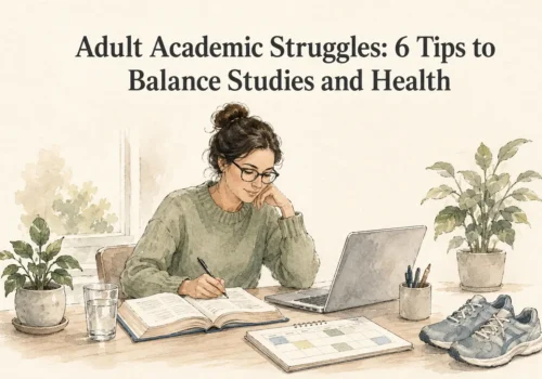 Adult learner balancing studies and health with books, laptop, planner, water and walking shoes