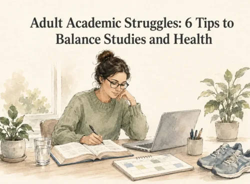 Adult learner balancing studies and health with books, laptop, planner, water and walking shoes