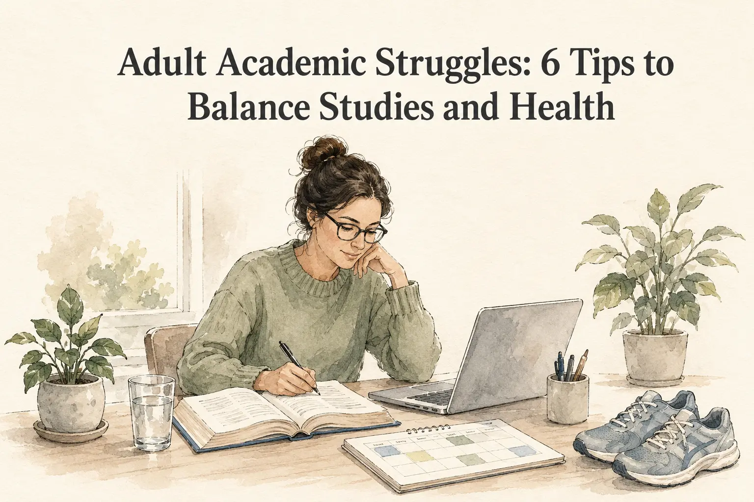Adult learner balancing studies and health with books, laptop, planner, water and walking shoes