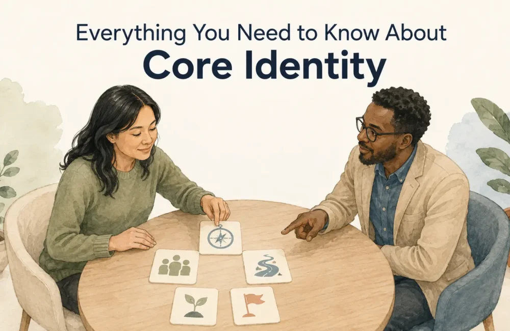 A person and coach arrange symbols for values, belonging, strengths, life story and commitments beneath the title Everything You Need to Know About Core Identity.