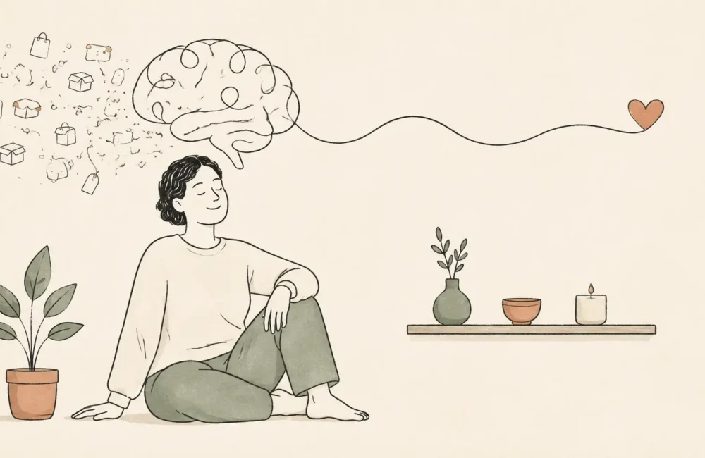 Minimalist doodle of a calm person, a simple shelf and a line drawing of a brain leading from excess possessions toward a heart