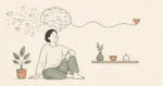 Minimalist doodle of a calm person, a simple shelf and a line drawing of a brain leading from excess possessions toward a heart