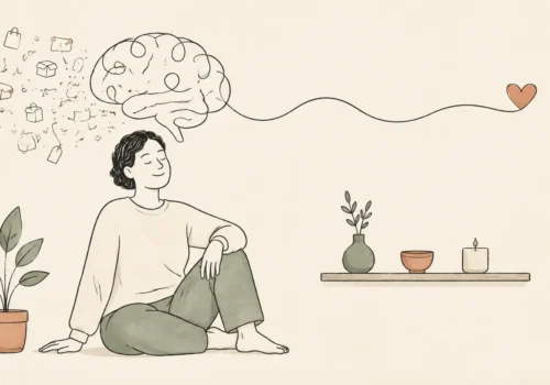 Minimalist doodle of a calm person, a simple shelf and a line drawing of a brain leading from excess possessions toward a heart