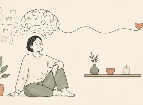 Minimalist doodle of a calm person, a simple shelf and a line drawing of a brain leading from excess possessions toward a heart