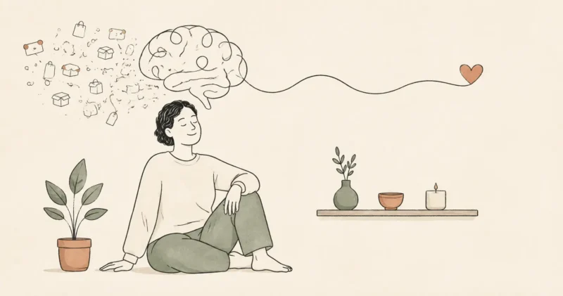 Minimalist doodle of a calm person, a simple shelf and a line drawing of a brain leading from excess possessions toward a heart