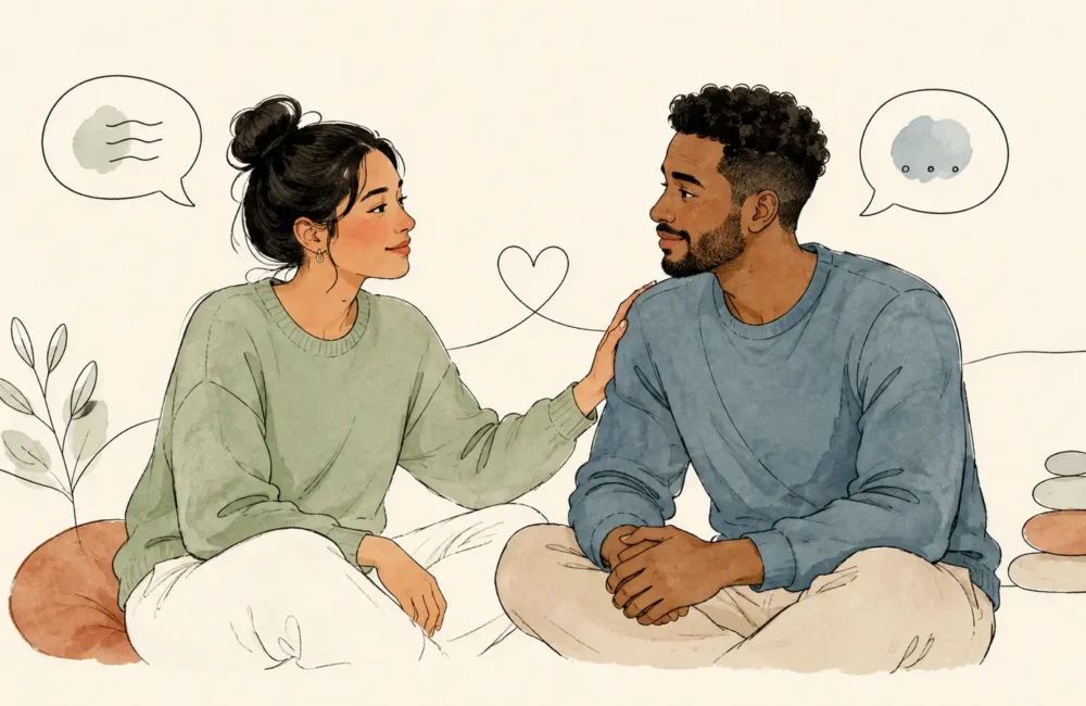 Two partners sharing reassurance during a calm, attentive conversation