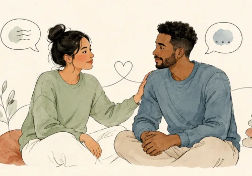 Two partners sharing reassurance during a calm, attentive conversation