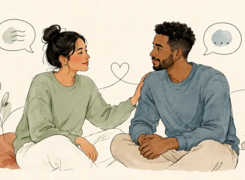 Two partners sharing reassurance during a calm, attentive conversation