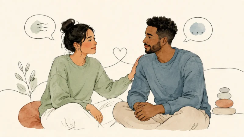 Two partners sharing reassurance during a calm, attentive conversation