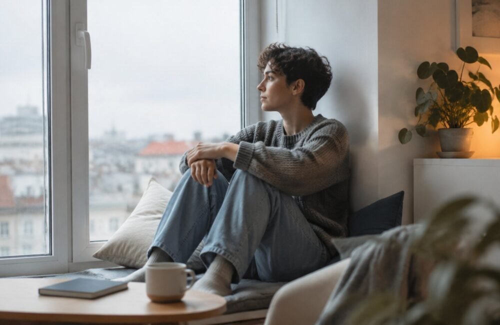 A person sitting thoughtfully by a window during a quiet weekend morning