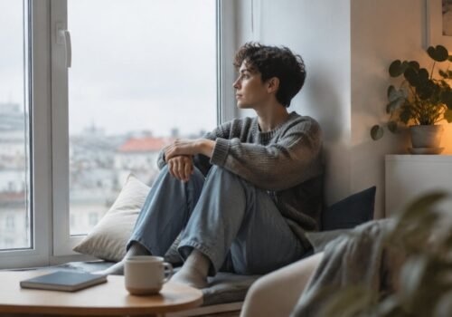 A person sitting thoughtfully by a window during a quiet weekend morning