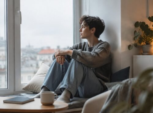 A person sitting thoughtfully by a window during a quiet weekend morning