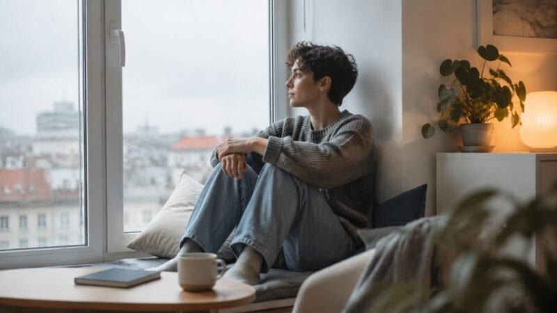 A person sitting thoughtfully by a window during a quiet weekend morning