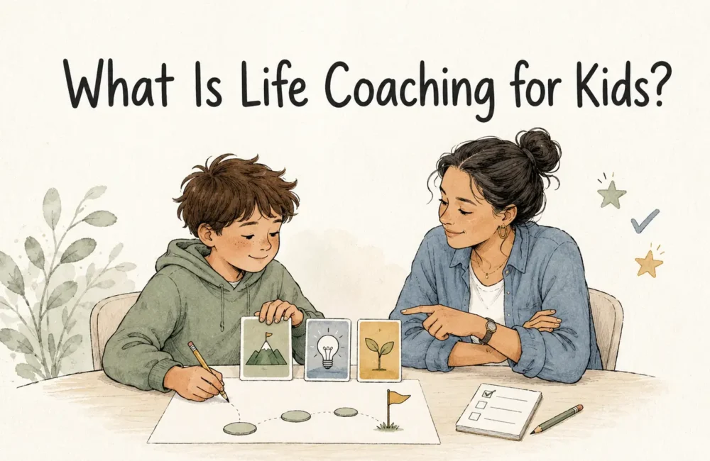A child and life coach plan small goals together beneath the title What Is Life Coaching for Kids?