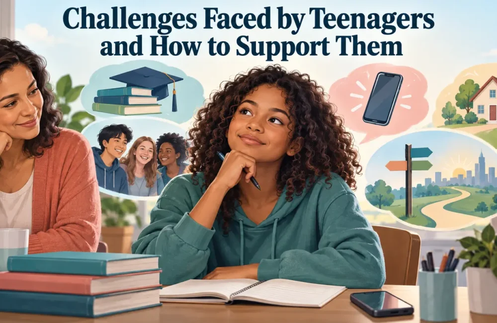 Teenager considering school, friends, technology, independence and future choices with a supportive adult nearby