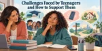 Teenager considering school, friends, technology, independence and future choices with a supportive adult nearby