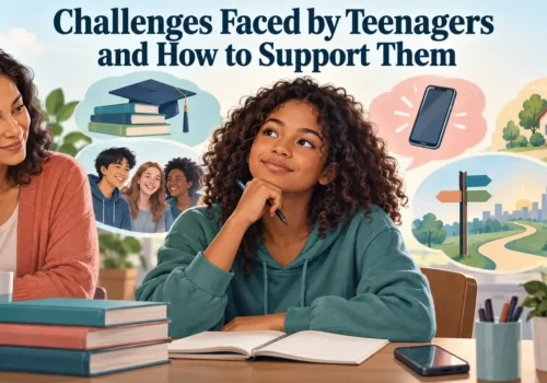 Teenager considering school, friends, technology, independence and future choices with a supportive adult nearby