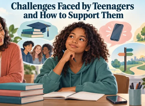 Teenager considering school, friends, technology, independence and future choices with a supportive adult nearby