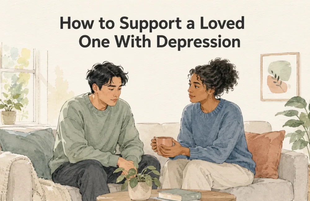 A supportive friend sits beside a loved one experiencing depression and offers a warm drink