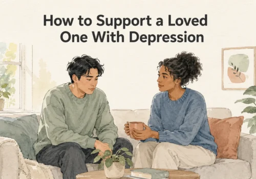 A supportive friend sits beside a loved one experiencing depression and offers a warm drink