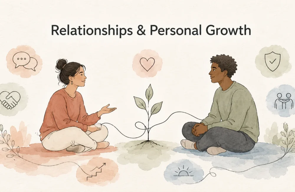 Two people having a supportive conversation beside a growing plant, representing relationships and personal growth