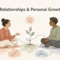 Two people having a supportive conversation beside a growing plant, representing relationships and personal growth