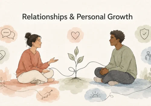 Two people having a supportive conversation beside a growing plant, representing relationships and personal growth