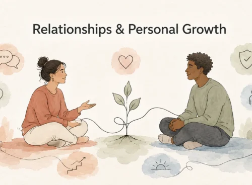 Two people having a supportive conversation beside a growing plant, representing relationships and personal growth