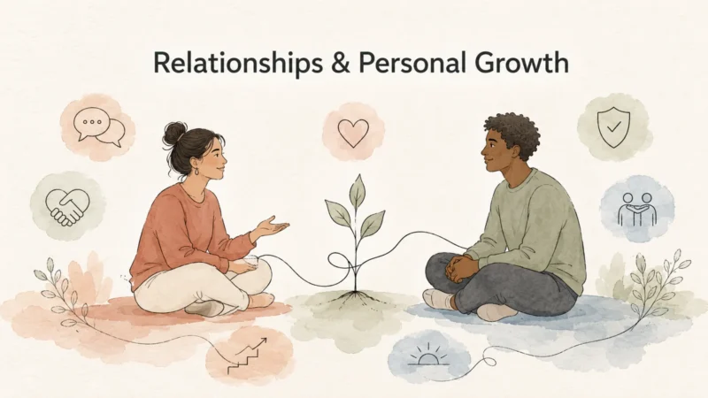 Two people having a supportive conversation beside a growing plant, representing relationships and personal growth